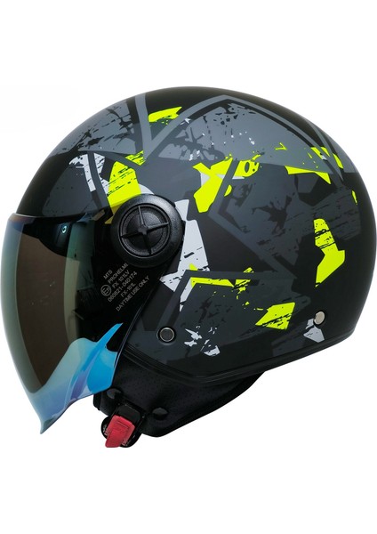 Motosiklet Yarım Kask Siyah Vizör R22.06 Sertifika Fiber Material Neon Camo Motor Kaskı