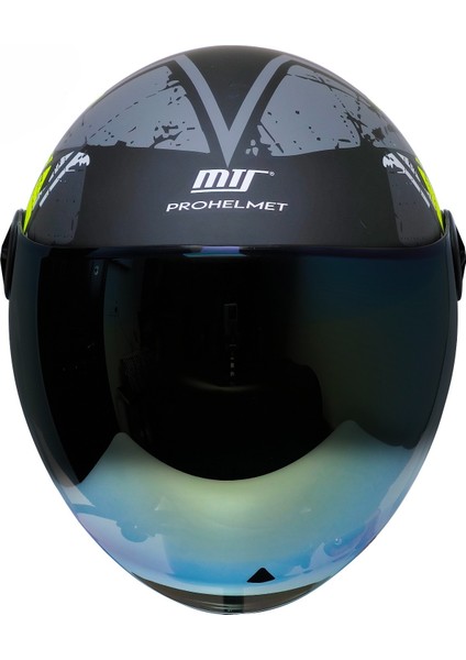 Motosiklet Yarım Kask Siyah Vizör R22.06 Sertifika Fiber Material Neon Camo Motor Kaskı