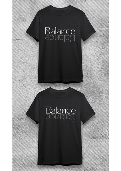 Unisex Bisiklet Yaka Balance Baskılı Siyah T-Shirt