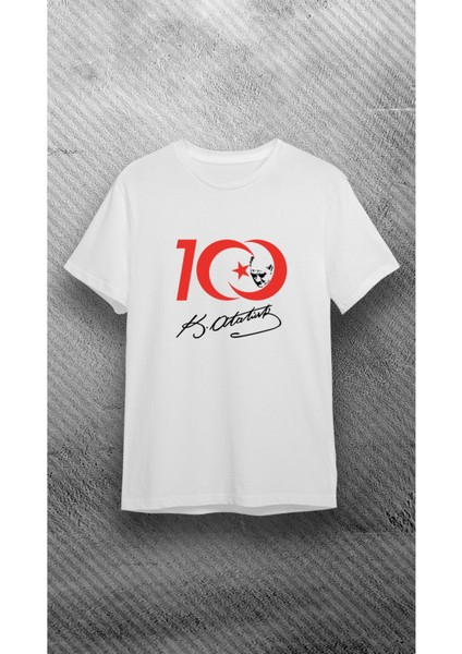 Cumhuriyetimizin 100. Yılına Özel Atatürk Silüeti Baskılı Beyaz %100 Pamuk Süprem T-Shirt