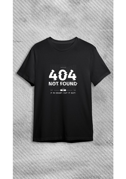 Unisex Bisiklet Yaka 404 Hata Kodu Baskılı Siyah T-Shirt