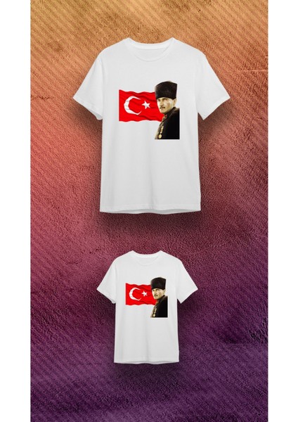 29 Ekim Kemal Atatürk ve Bayrak Baskılı Beyaz %100 Pamuk Süprem T-Shirt