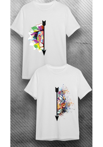 Bisiklet Yaka Aslan Kaplan Sevgili Kombin Baskılı Beyaz T-Shirt ( Adet Fiyatıdır )