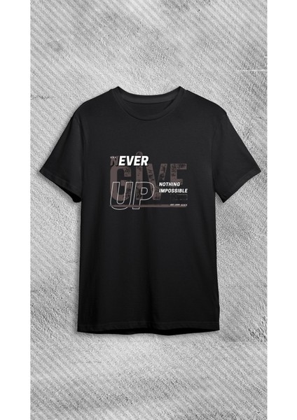 Unisex Bisiklet Never Give Up Baskılı Siyah T-Shirt