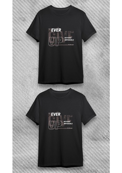 Unisex Bisiklet Never Give Up Baskılı Siyah T-Shirt fiyatları