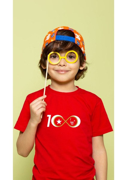 Cumhuriyetimizin 100. Yılına Özel Atatürk Silüeti Baskılı Kirmizi %100 Pamuk Çocuk T-Shirt/tişört
