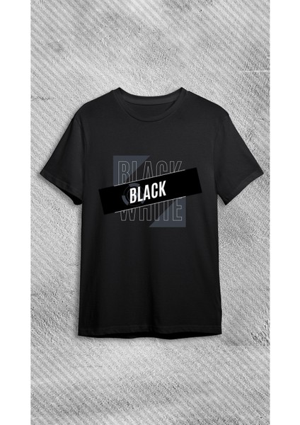 Unisex Bisiklet Yaka Baskılı Siyah T-Shirt