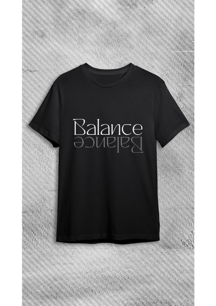 Unisex Bisiklet Yaka Balance Baskılı Siyah T-Shirt