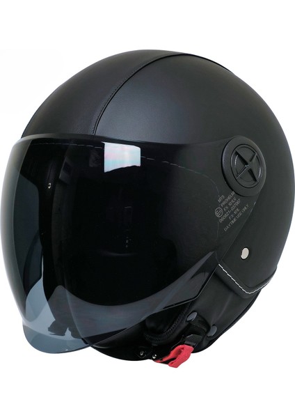 Motosiklet Yarım Deri Kask Siyah Vizör R22.06 Sertifika Fiber Material Black Leather Motor Kaskı