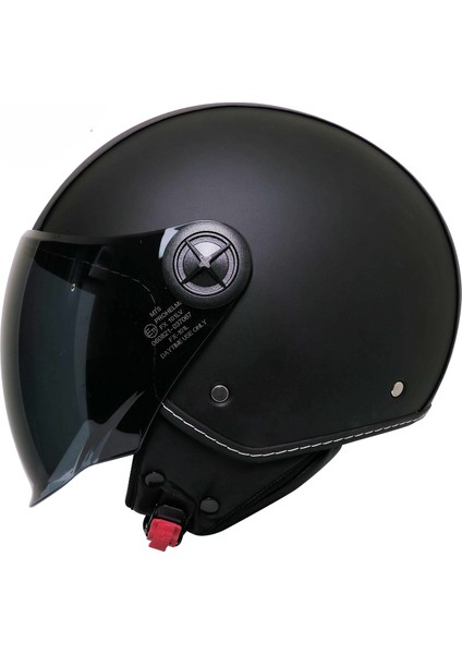 Motosiklet Yarım Deri Kask Siyah Vizör R22.06 Sertifika Fiber Material Black Leather Motor Kaskı