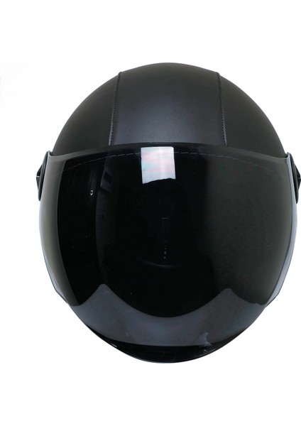 Motosiklet Yarım Deri Kask Siyah Vizör R22.06 Sertifika Fiber Material Black Leather Motor Kaskı