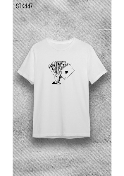 Bisiklet Yaka Iskambil Kağıdı Baskılı Beyaz T-Shirt