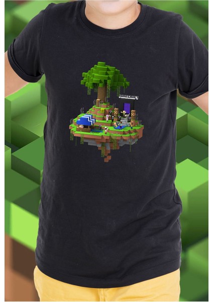 Çocuk Minecraft Desen Baskılı Pamuklu T-Shirt Siyah Renk - Minecraft Tişört