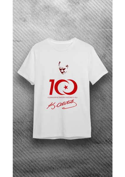 23 Ni?san Cumhuriyetimizin 100. Yılına Özel Atatürk Imza Baskılı Beyaz Süprem T-Shirt