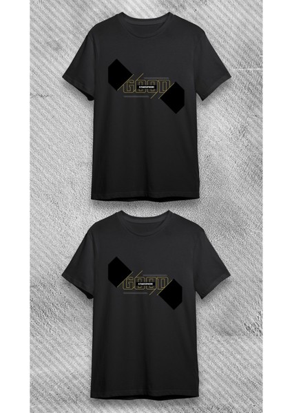 Unisex Bisiklet Yaka Good Baskılı Siyah T-Shirt