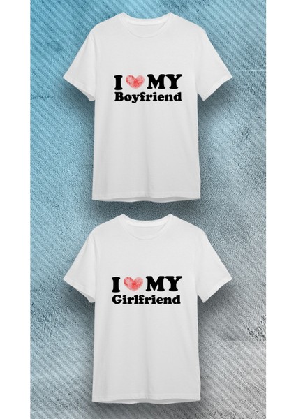 Unisex Bisiklet Yaka Kısa Kol Love Girlfriend Baskılı Pamuklu T-Shirt