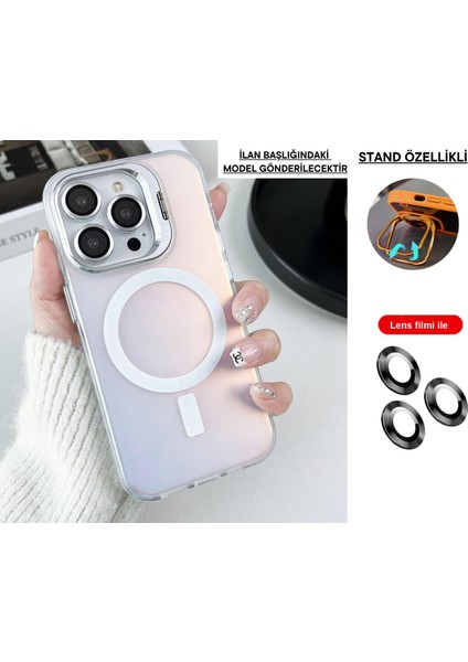 iPhone 11 Kılıf + Lens Koruyucu Set Standlı Arkası Hologramlı Mat Kamera Standlı
