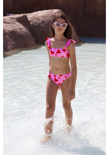 Askılı Fırfır Detaylı Kalp Desenli 50UV Kız Çocuk Bikini Takımı BY NESSI BYRD fiyatları