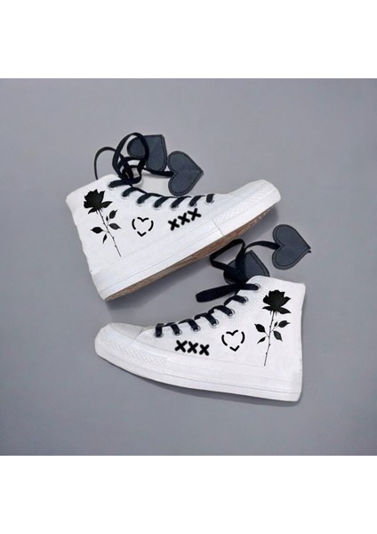 Rose Gül Baskılı Özel Kalp Bagcıklı Sneaker Spor Ayakkabı