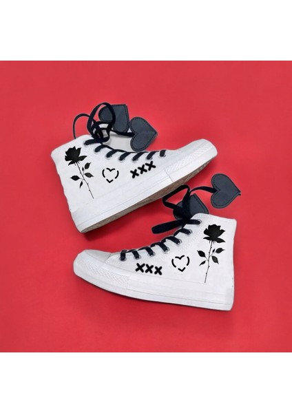 Rose Gül Baskılı Özel Kalp Bagcıklı Sneaker Spor Ayakkabı
