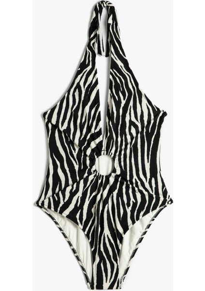 Halter Yaka Mayo Zebra Desenli Derin V Yaka Pencere Detaylı