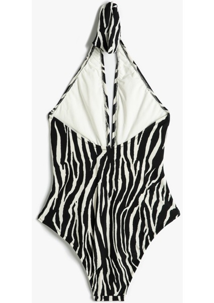 Halter Yaka Mayo Zebra Desenli Derin V Yaka Pencere Detaylı