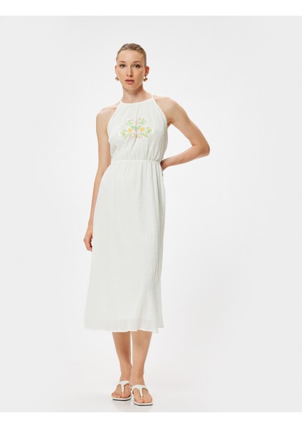 Midi Boy Halter Yaka Elbise Çiçek Işleme Detaylı Astarlı Pamuklu