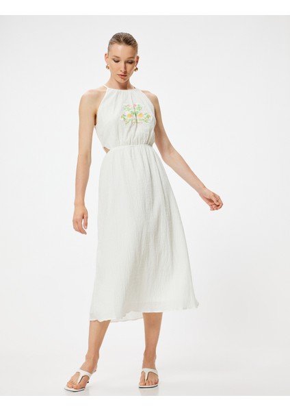 Midi Boy Halter Yaka Elbise Çiçek Işleme Detaylı Astarlı Pamuklu fiyatları