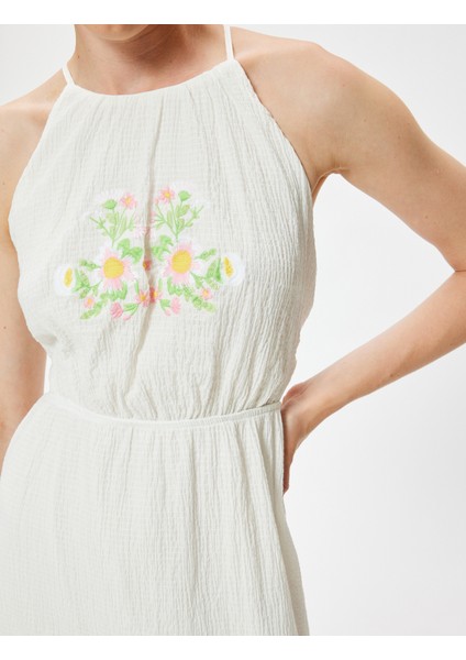 Midi Boy Halter Yaka Elbise Çiçek Işleme Detaylı Astarlı Pamuklu indirimleri