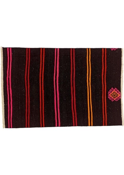 Grand Hedef Halı Sarı Fuşya Çizgili Siyah Renk Anadolu El Dokuma Vintage Kilim