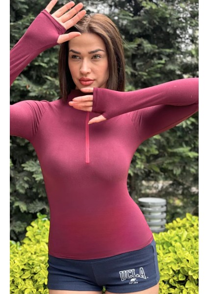 Bordo Fermuarlı Su Geçirmez Fitted Uzun Kollu Bluz T-Shirt fiyatları