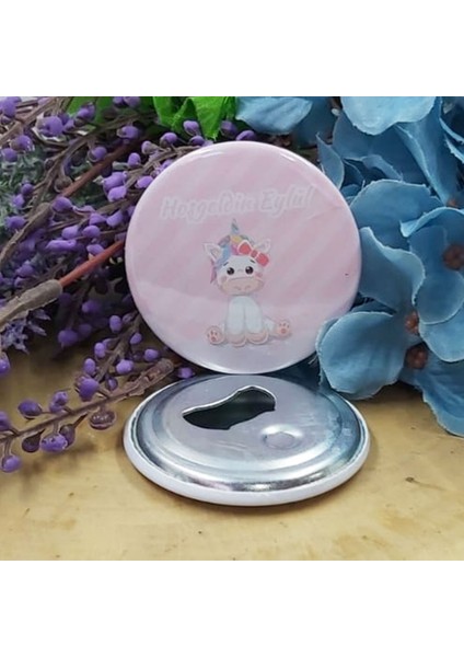 15 Adet Unicorn Baskılı Kişiye Özel Metal Baskılı Bebek Şekeri Metal Magnet Açacak 58 mm