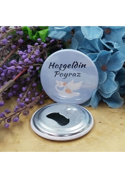 15 Adet Leylekli Metal Baskılı Bebek Şekeri Metal Magnet Açacak 58 mm