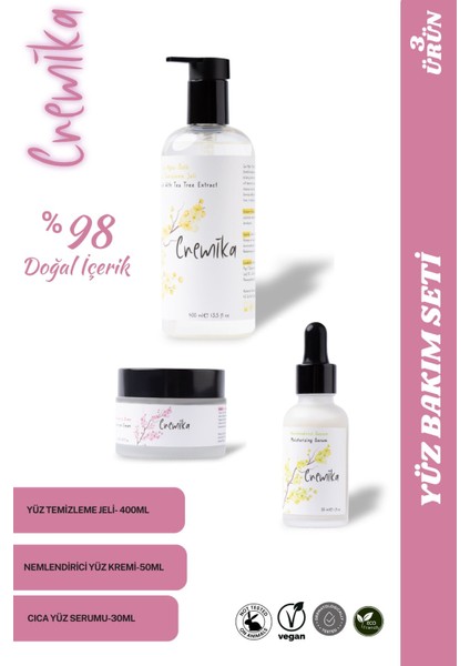 3’lü Yüz Bakım Seti-Çay Ağacı Temizleme Jeli,ölmez Çiçek Serum,niacinamide Nemlendirici Krem