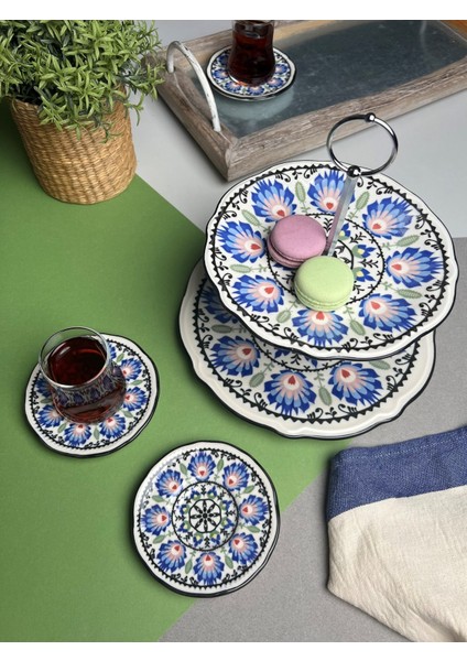 Roys Fulya Porselen Katlı Kurabiyelik ve 6 Lı Çay Tabağı 12CM