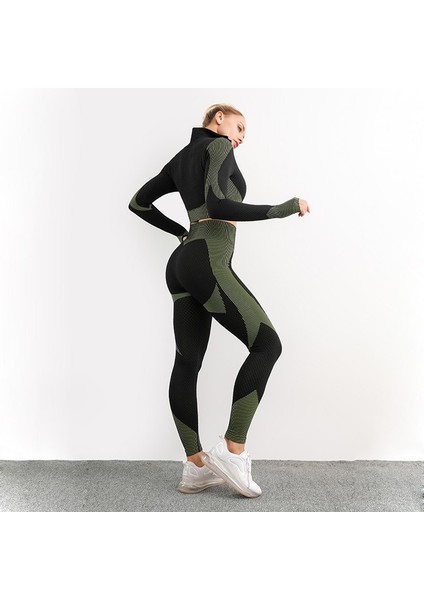 Mavi Stil Xl Boyutu Kadın Dikişsiz Yoga Seti 2 Parça Parça Bayan Zip Aktif Giyim Uzun Kollu + Tayt Aktif Giyim Spor Giyim S-Xl Boyutları (Yurt Dışından)