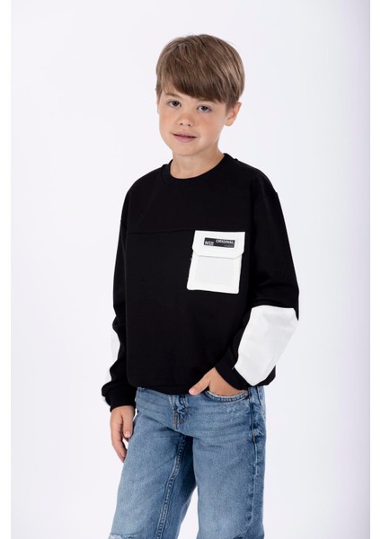 Erkek Çocuk Siyah Renkli Cepli Kolları Yamalı Sweatshirt