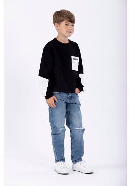 Erkek Çocuk Siyah Renkli Cepli Kolları Yamalı Sweatshirt fiyatları