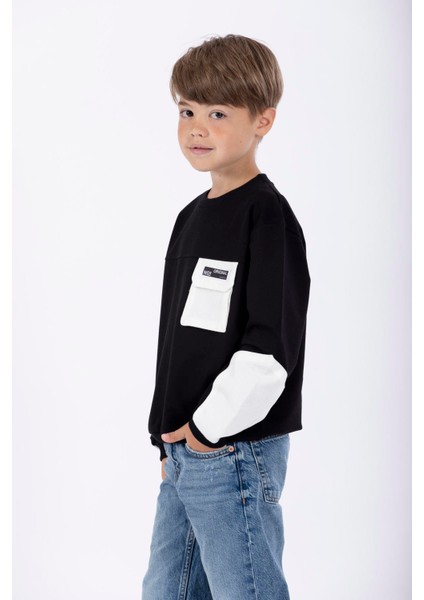 Erkek Çocuk Siyah Renkli Cepli Kolları Yamalı Sweatshirt modelleri
