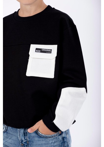 Erkek Çocuk Siyah Renkli Cepli Kolları Yamalı Sweatshirt indirimleri