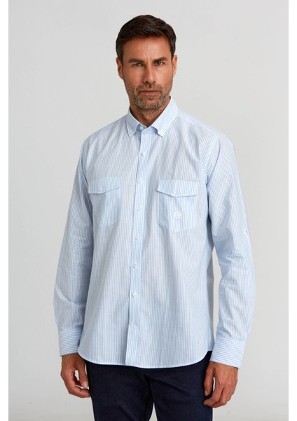 Regular Fit Paşa Yaka Kol İçi Apoletli Mavi Erkek Gömlek GM23Y231125_C35 indirimleri