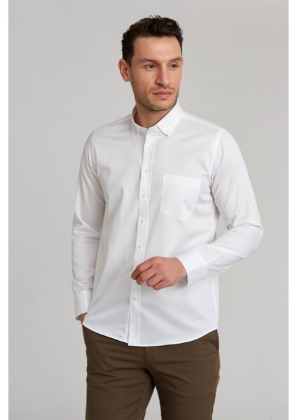 Regular Fit Paşa Yaka Beyaz Spor Basic Erkek Gömlek GM23K232067_D01