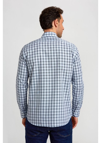 Regular Fit Paşa Yaka Ekoseli Mavi Erkek Gömlek GM23K232024_D35