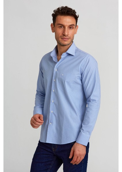 Regular Fit Çizgili Mavi Erkek Gömlek GM23K232019_D35