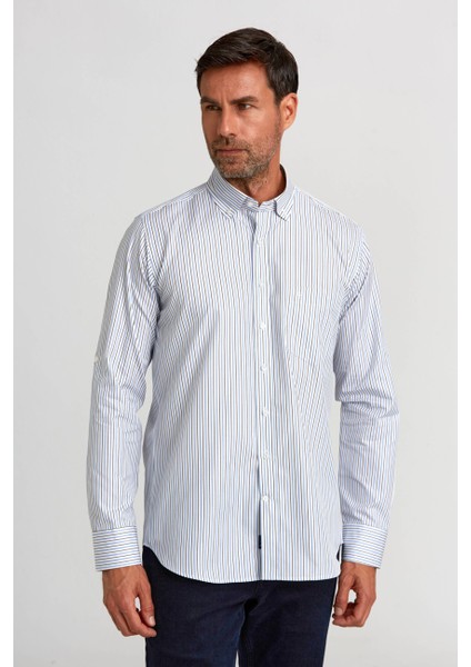 Regular Fit Kol İçi Apoletli Mavi Çizgili Erkek Gömlek GM23K232014_C35