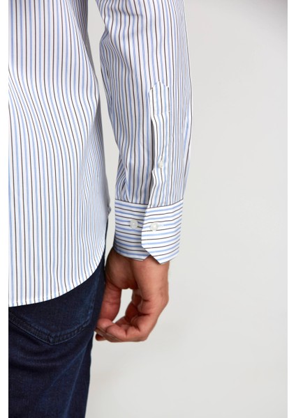 Regular Fit Kol İçi Apoletli Mavi Çizgili Erkek Gömlek GM23K232014_C35