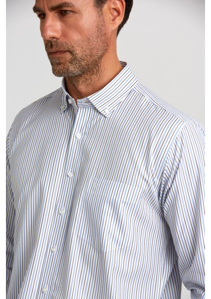 Regular Fit Kol İçi Apoletli Mavi Çizgili Erkek Gömlek GM23K232014_C35