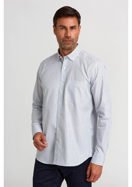 Regular Fit Kol İçi Apoletli Mavi Çizgili Erkek Gömlek GM23K232014_C35