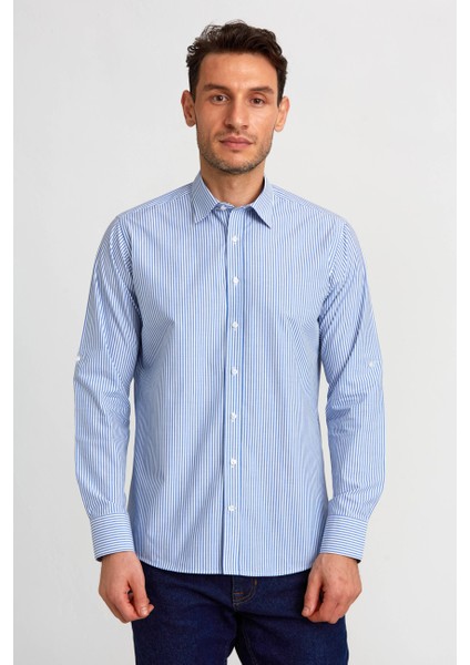 Regular Fit Paşa Yaka Düğmeli Mavi Erkek Gömlek GMCZG3PS22400003_D35