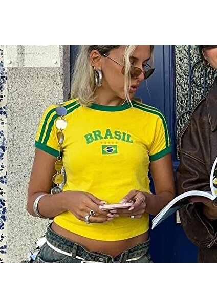 Sarı Vintage Brasil Kısa Kollu Crop